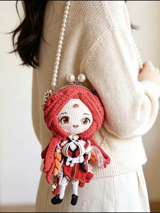 Hand Crafted Handbags - Cute Red Crochet Doll Crossbody Bag - Women
